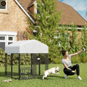 Welded Wire Outdoor Dog Kennel With 360 Rotating & 4 Levels Adjustable Bowls, Waterproof Cover (Option: Silver small)