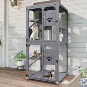 Catio Outdoor Cat Enclosure Window Access, 4 Tiers Cat House With Wheels, Resting Box & Waterproof Roof, Indoor Large Cat House Cage, Gray (Color: Grey)